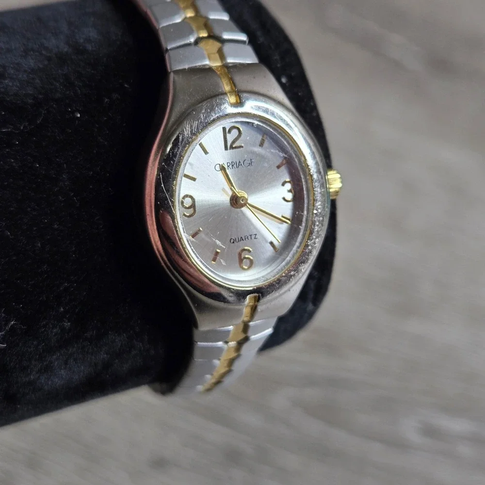 Timex Carriage Women's Quartz Watch Silver Gold Tone Stretch Band Analog Dress